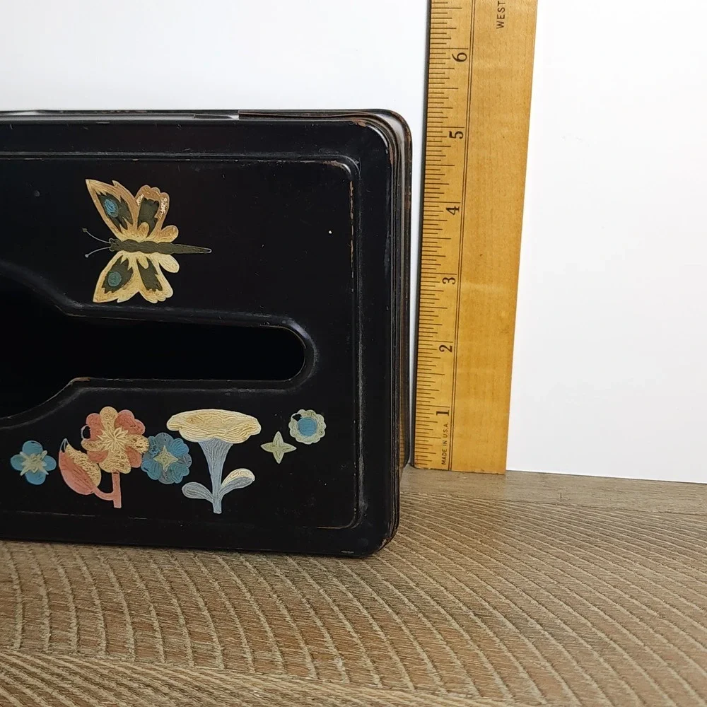 Vintage Decorative Tissue Box Cover Metal Tole Ware Hand Painted Floral Hanging